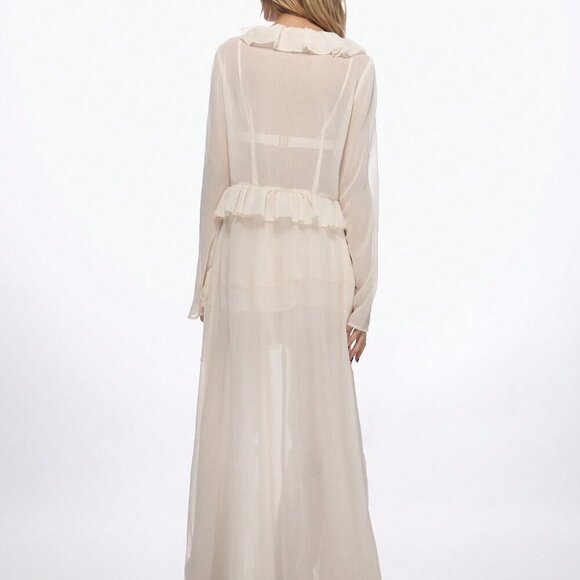 Beige Sexy Women's Boho Ruffle Longline Tie Front Top - Picture 2 of 5